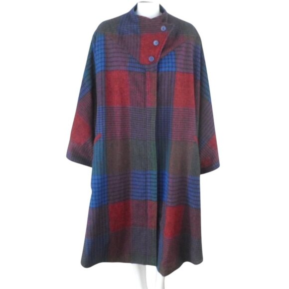 Vintage PORTRAIT Reversible Poncho Cape Blue Patchwork Plaid Print - Picture 7 of 12
